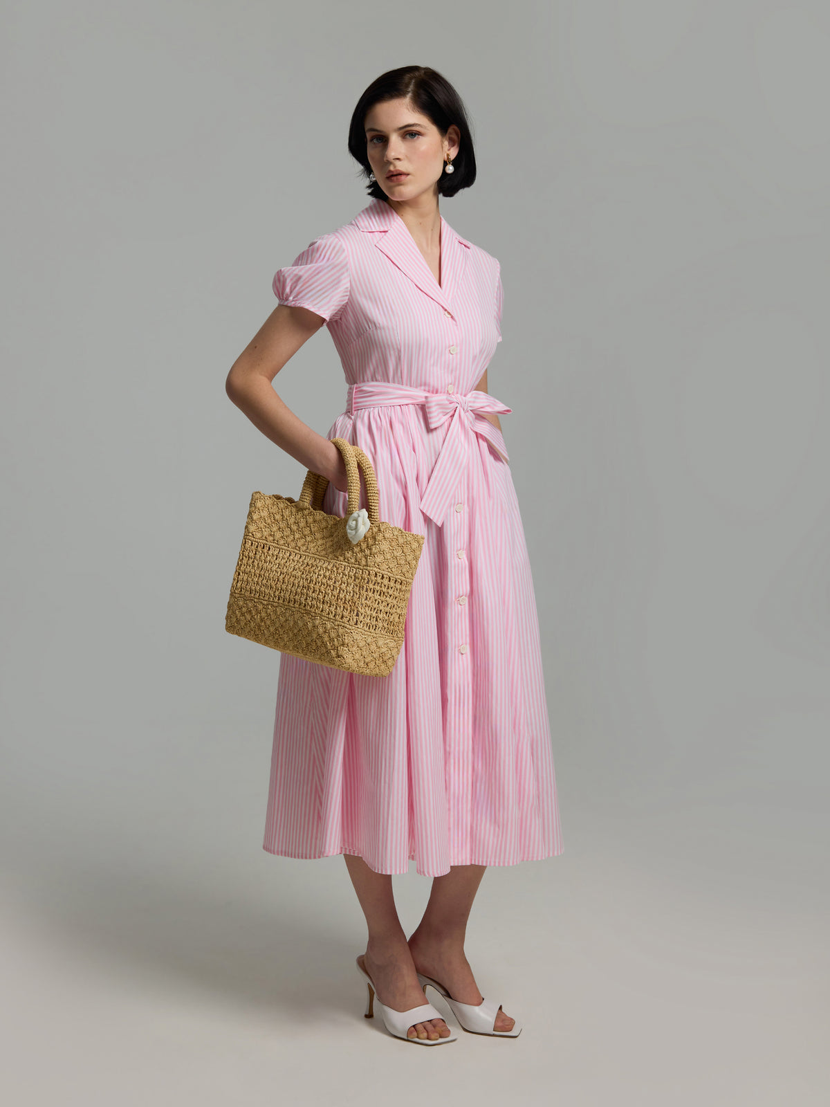 Shane Pink Stripe Shirt Dress with Subtle Puff Sleeves – Andiata